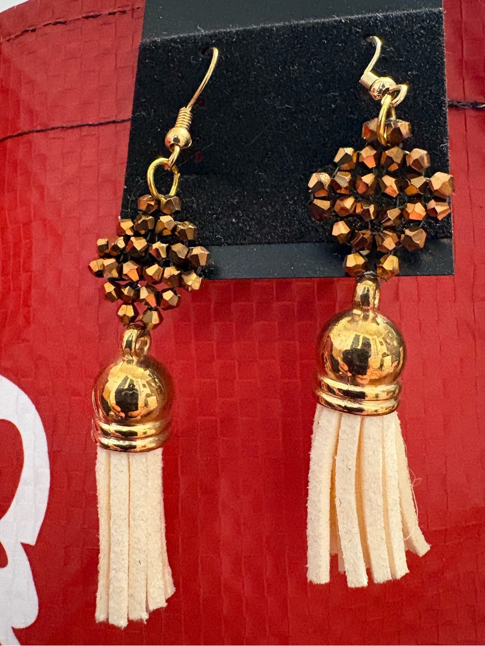 Gold and Cream Tassel Dangle Earrings - Women's Fashion Jewelry